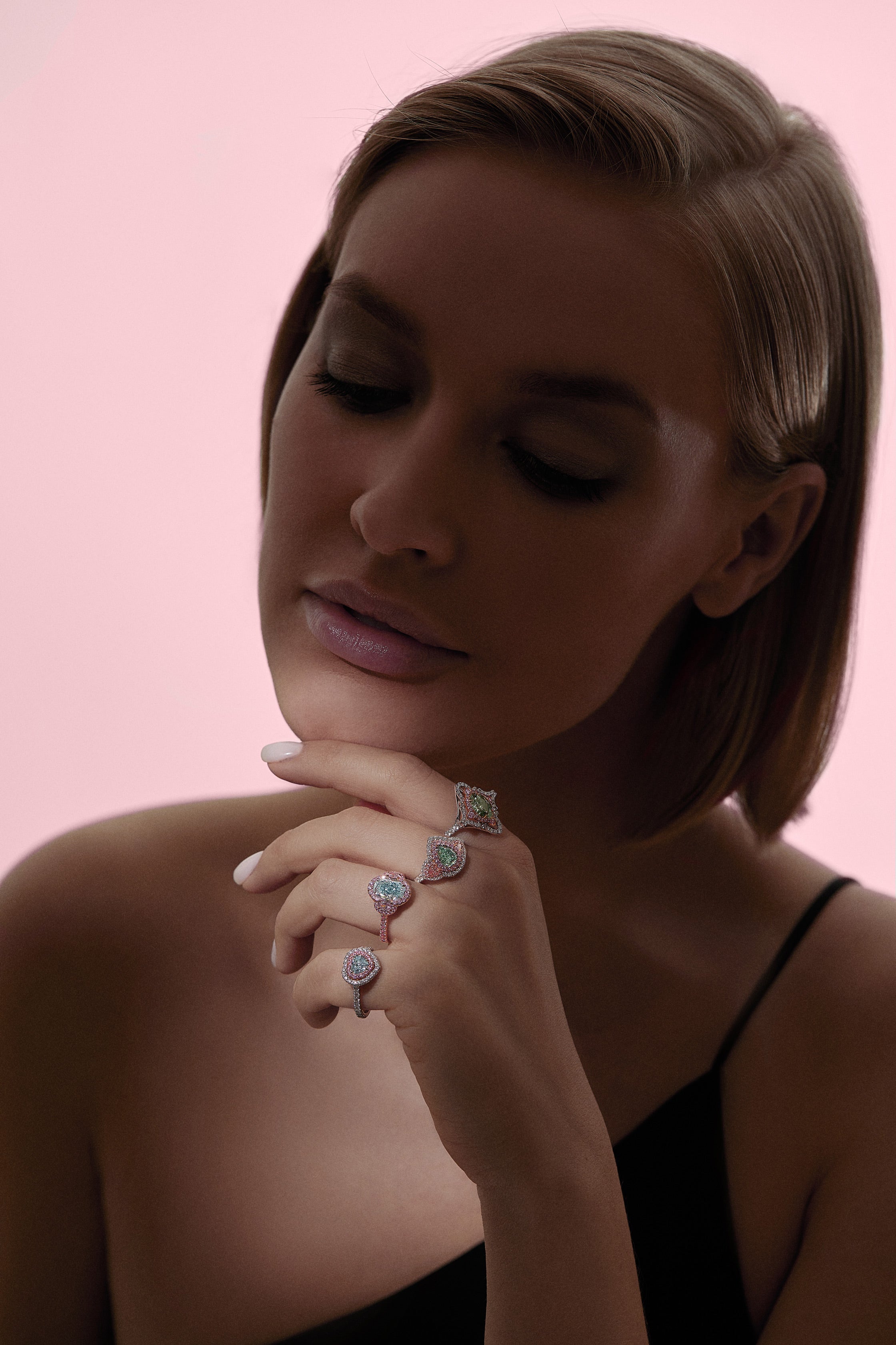 Argyle Pink™ Diamond and Bluish Green Pear Shape Three Stone Ring - Pink Diamonds, J FINE - J Fine, Rings - Pink Diamond Jewelry, argyle-pink™-diamond-and-bluish-green-pear-shape-three-st