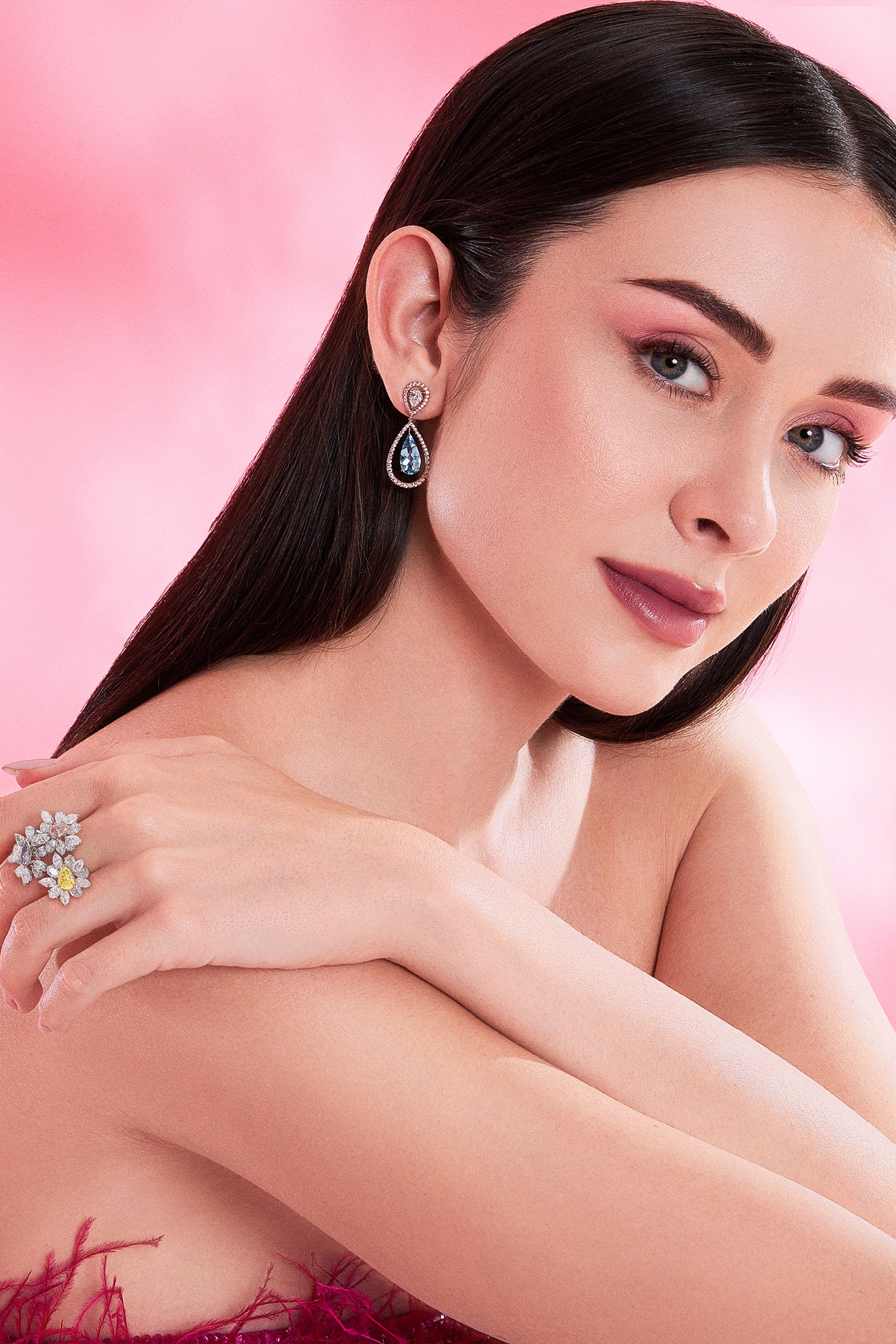 Argyle Pink™ Diamond and Aquamarine Drop Earrings - Pink Diamonds, J FINE - J Fine, Earrings - Pink Diamond Jewelry, argyle-pink™-diamond-and-aquamarine-drop-earrings-by-j-fine - Argyle P