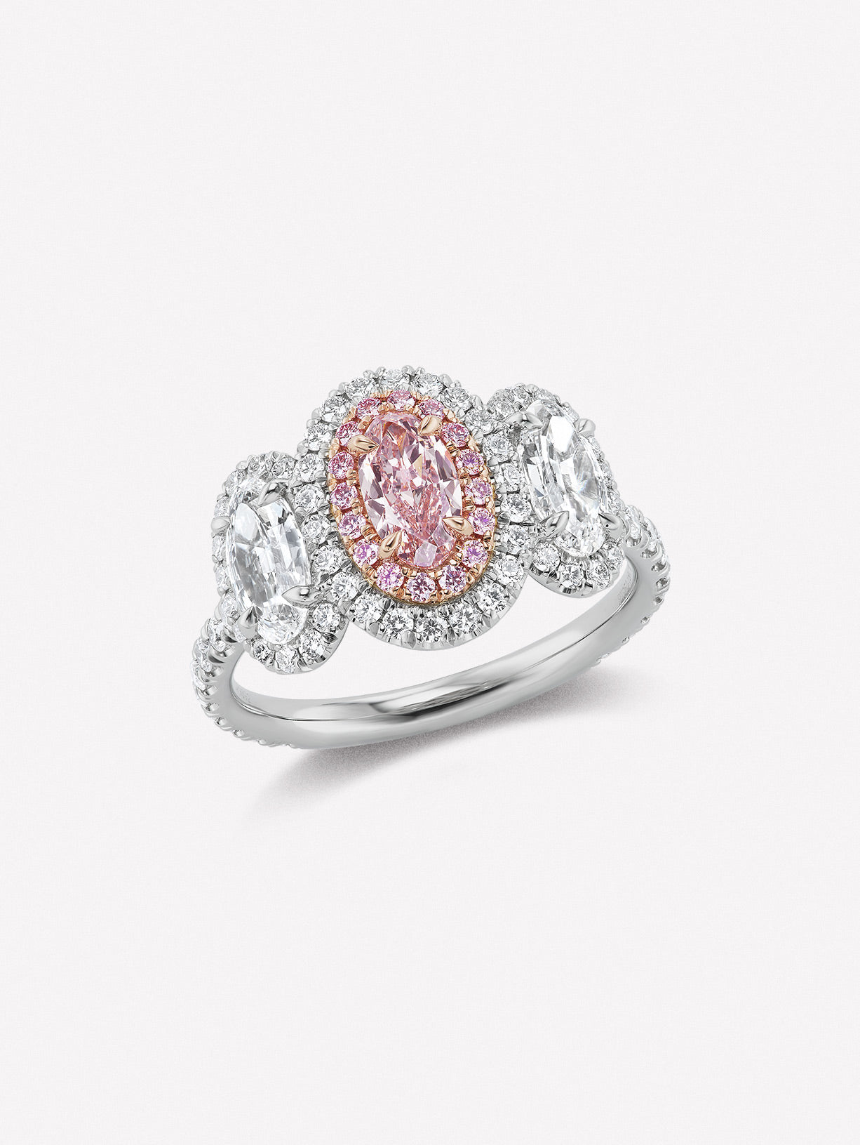 Fancy Light Pink Oval Three Stone Ring - Pink Diamonds, J FINE - J Fine, Rings - Pink Diamond Jewelry, fancy-light-pink-oval-three-stone-ring-by-j-fine - Argyle Pink Diamonds