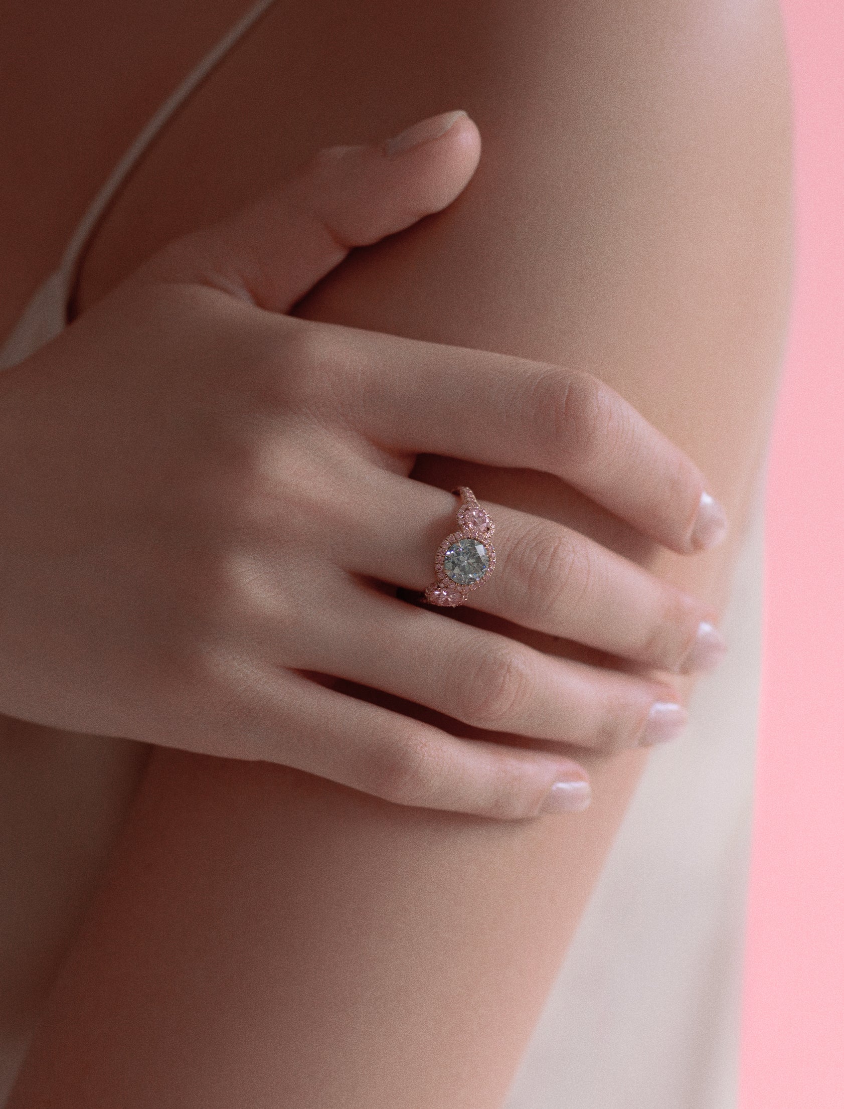 Argyle Pink™ Diamond and Gray Round Diamond Three Stone Ring - Pink Diamonds, J FINE - J Fine, Rings - Pink Diamond Jewelry, argyle-pink™-diamond-and-gray-round-diamond-three-stone-ring-b