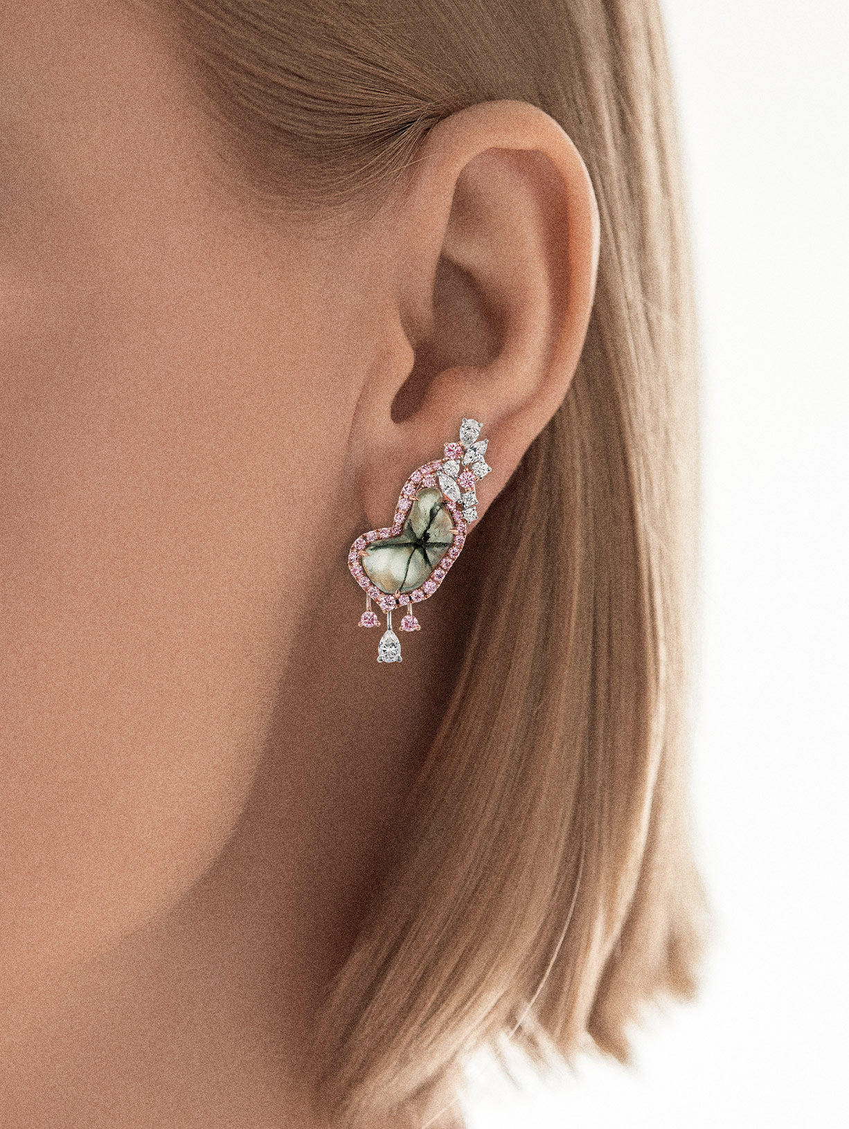 Argyle Pink™ Diamond and Trapiche Emerald Ear Crawlers - Pink Diamonds, J FINE - J Fine, Earrings - Pink Diamond Jewelry, argyle-pink™-diamond-and-trapiche-emerald-ear-crawlers-by-j-fine 