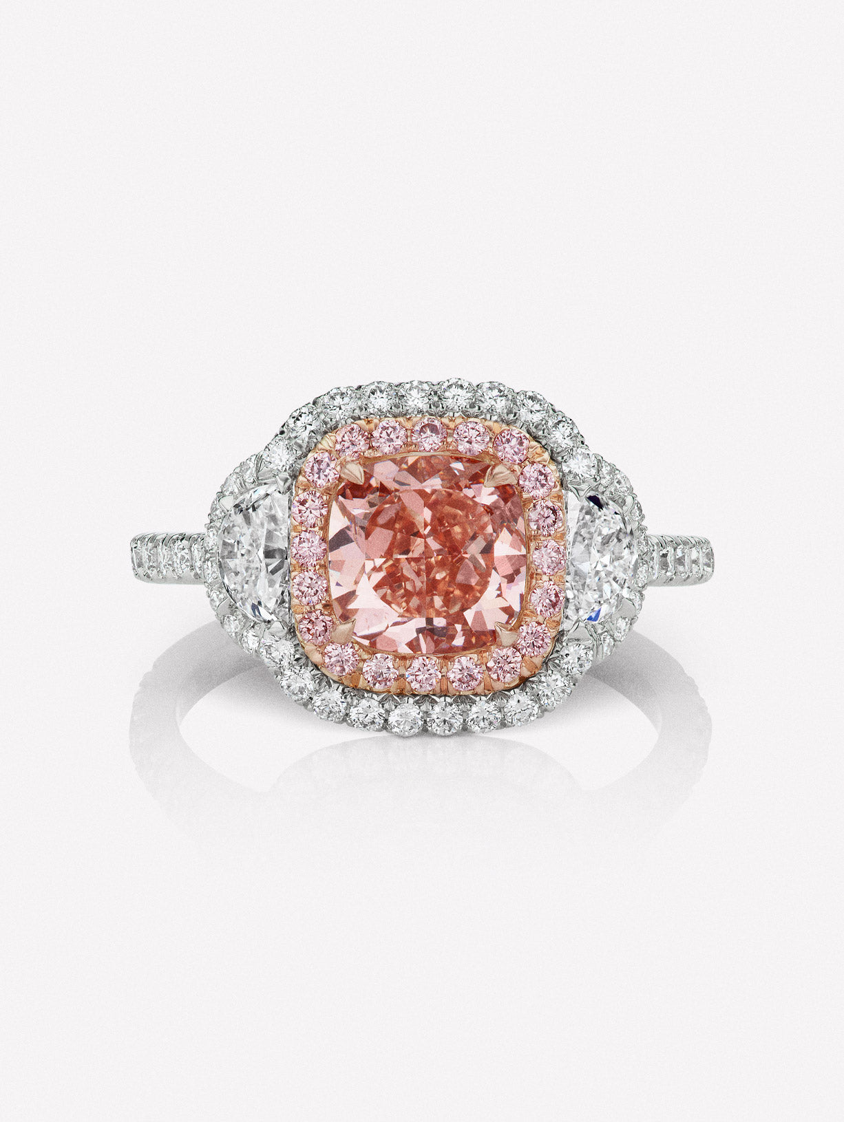Fancy Orangy Pink Cushion Diamond Three Stone Ring - Pink Diamonds, J FINE - J Fine, Rings - Pink Diamond Jewelry, fancy-orangy-pink-cushion-diamond-three-stone-ring-by-j-fine - Argyle Pink D