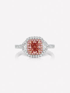 Cushion Shape Intense Pink Diamond Three Stone Ring - Pink Diamonds, J FINE - J Fine, Rings - Pink Diamond Jewelry, intense-pink-cushion-diamond-three-stone-ring-by-j-fine - Argyle Pink Diamo