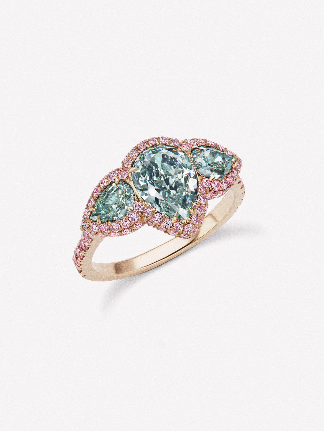 Argyle Pink™ Diamond and Bluish Green Pear Shape Diamond Three Stone Ring - Pink Diamonds, J FINE - J Fine, Rings - Pink Diamond Jewelry, argyle-pink™-diamond-and-bluish-green-pear-shape-