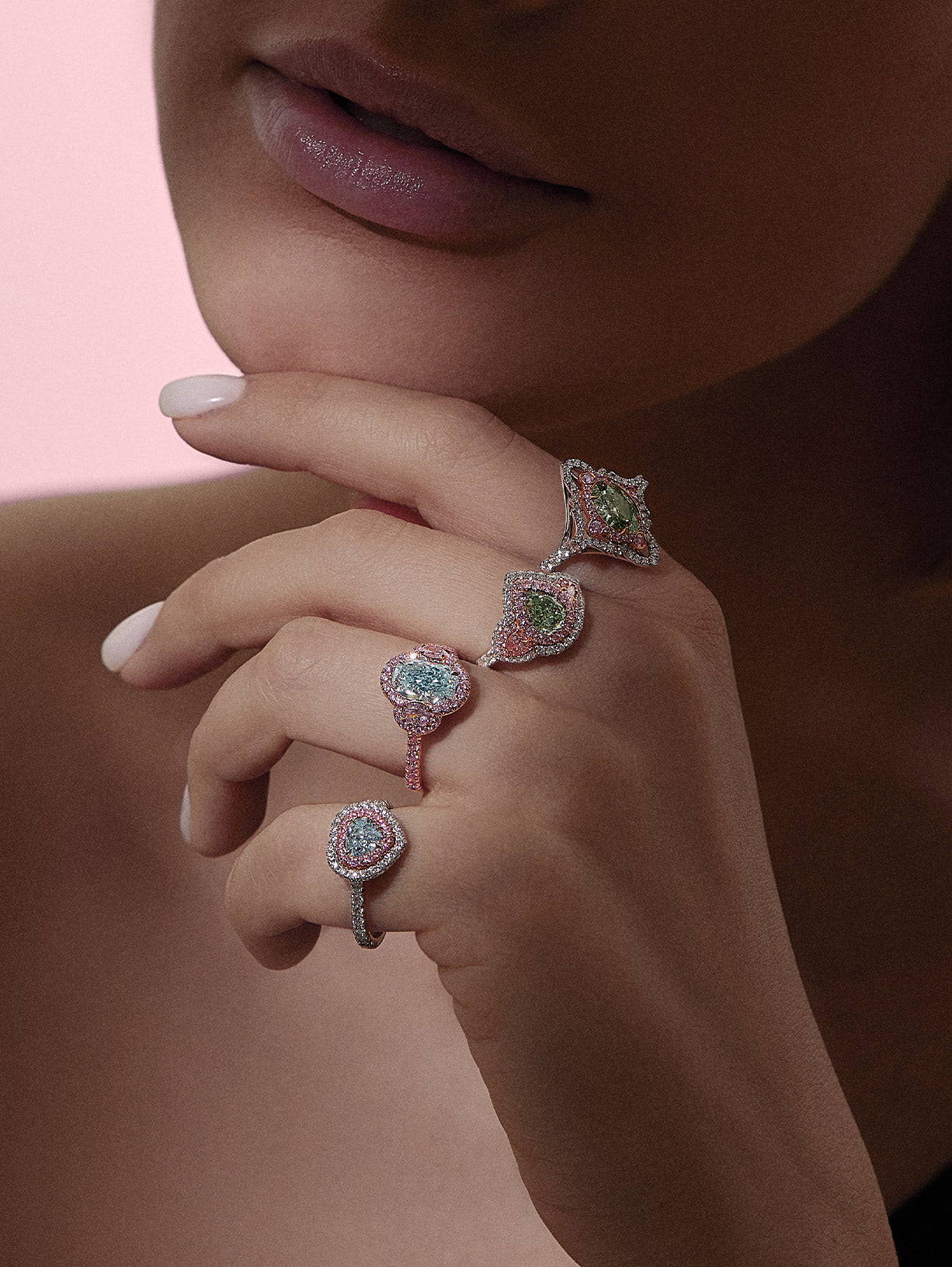 Argyle Pink™ Diamond and Bluish Green Oval Diamond Three Stone Ring - Pink Diamonds, J FINE - J Fine,  - Pink Diamond Jewelry, argyle-pink™-diamond-and-bluish-green-oval-diamond-three-sto