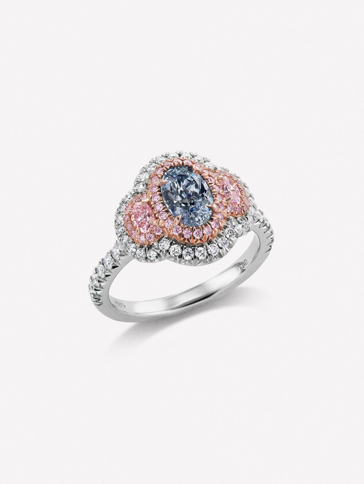 Argyle Pink™ Diamond and Light Blue Oval Three Stone Ring - Pink Diamonds, J FINE - J Fine,  - Pink Diamond Jewelry, argyle-pink™-diamond-and-light-blue-oval-three-stone-ring-by-j-fine - 