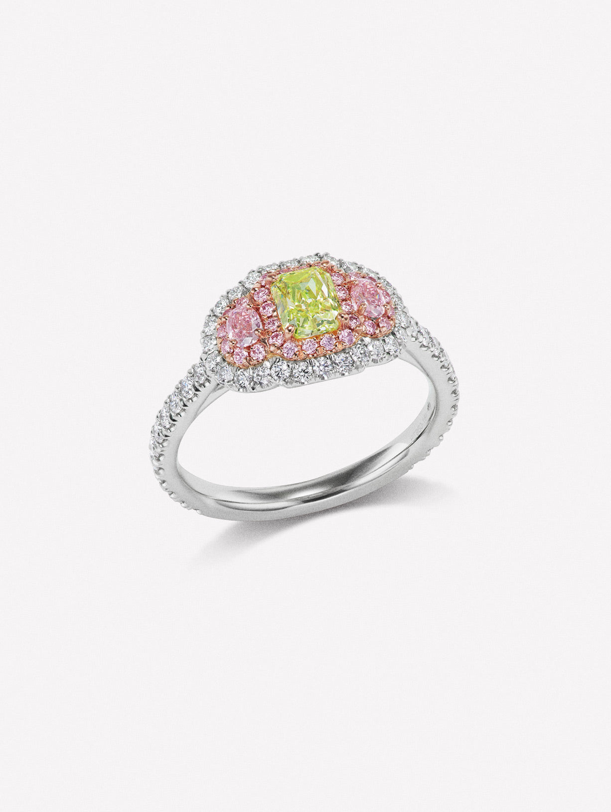 Argyle Pink™ Diamond and Green Diamond Three Stone Halo Ring - Pink Diamonds, J FINE - J Fine, Rings - Pink Diamond Jewelry, argyle-pink™-diamond-and-green-diamond-three-stone-halo-ring-b