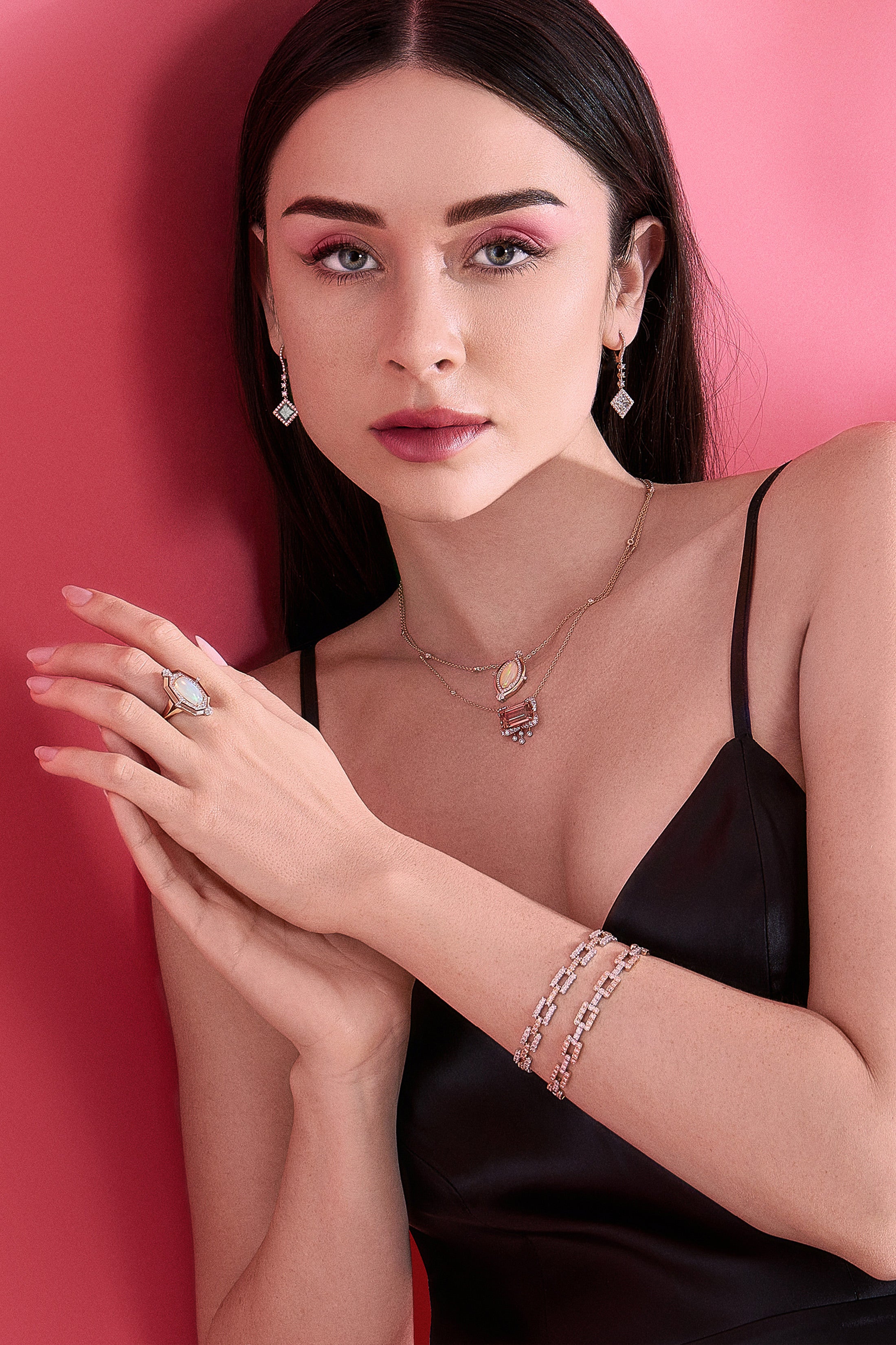 Argyle Pink™ Diamond and Bi Color Tourmaline East to West Necklace - Pink Diamonds, J FINE - J Fine, necklace - Pink Diamond Jewelry, argyle-pink™-diamond-and-bi-color-tourmaline-east-to-