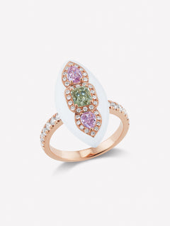 Elongated Green and Fancy Purple Pink Diamond Three Stone Enamel Ring - Pink Diamonds, J FINE - J Fine, ring - Pink Diamond Jewelry, elongated-green-and-fancy-purple-pink-diamond-three-stone-