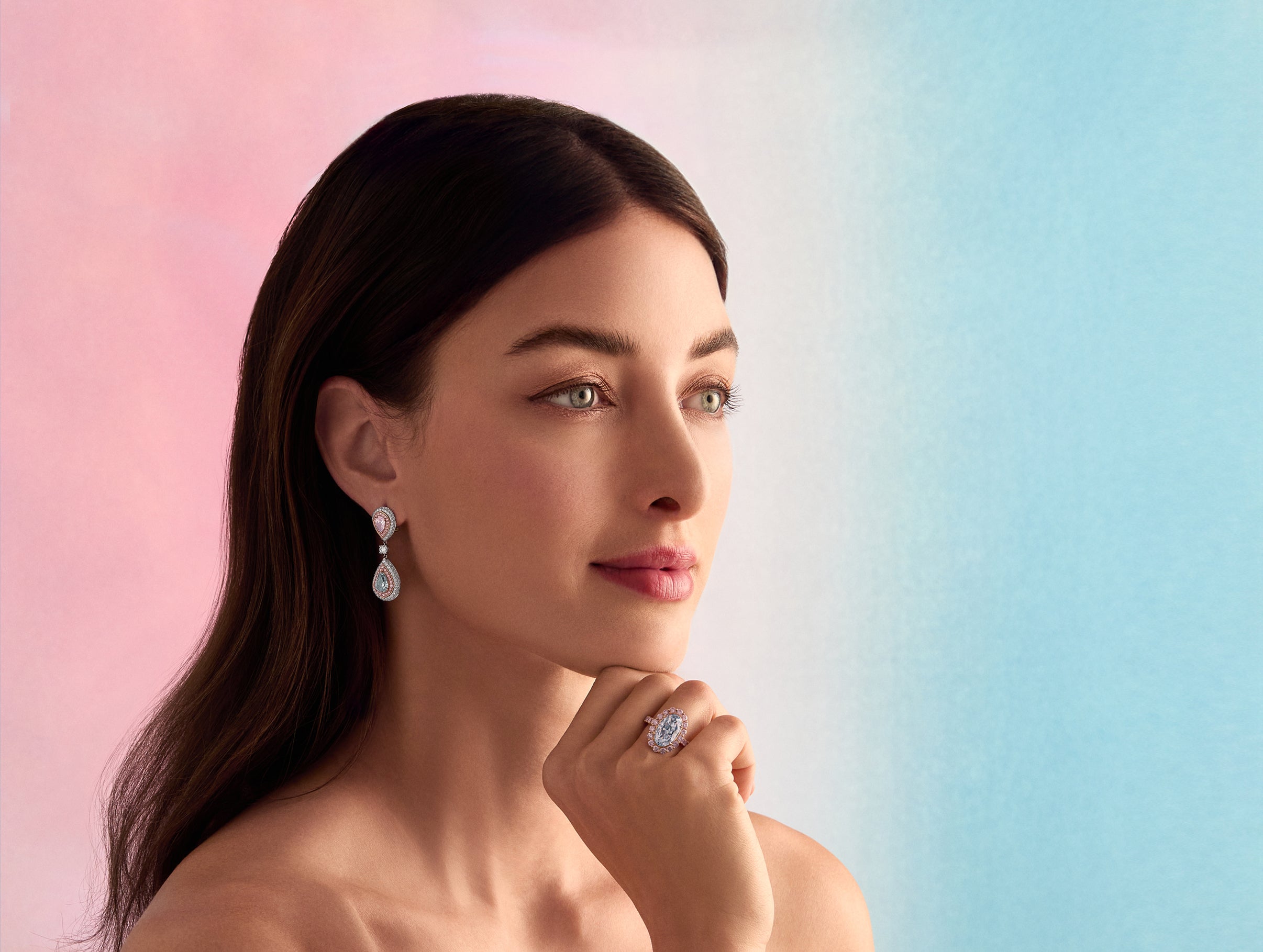 Blue diamond earrings and a blue diamond ring by JFINE