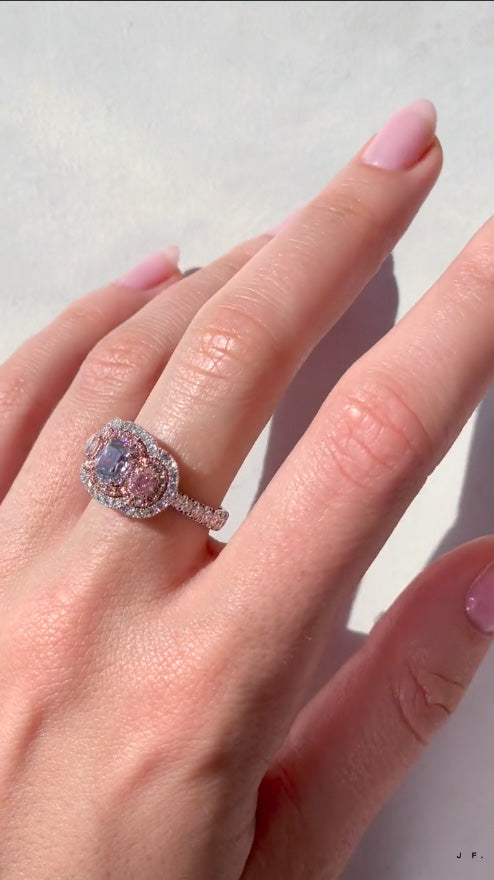 three stone ring with gray diamond and argyle pink diamond
