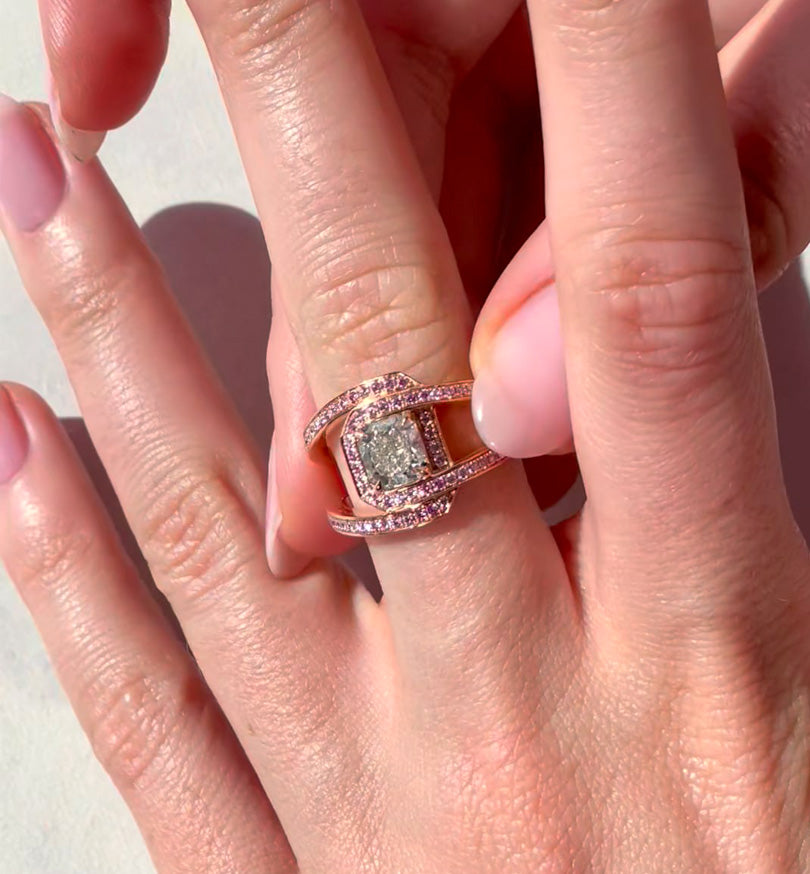 fancy light green diamond and argyle pink diamond crossover ring
