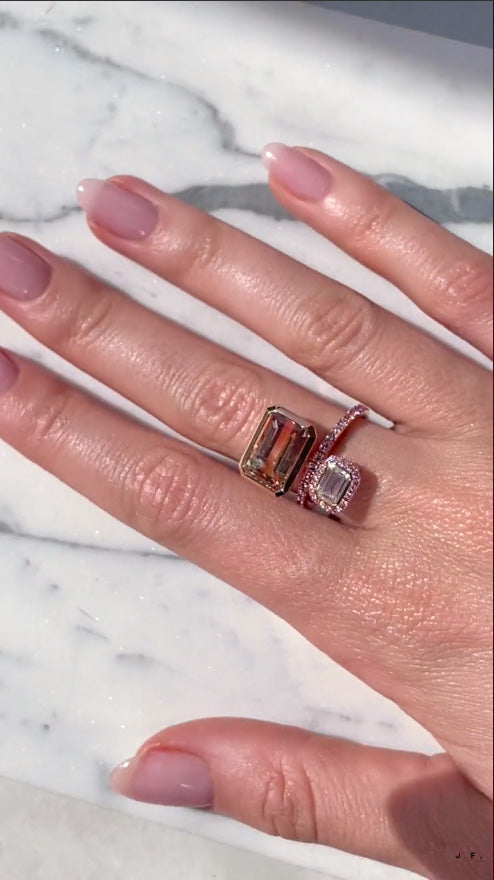 emerald cut bi-color tourmaline ring and pink diamonds