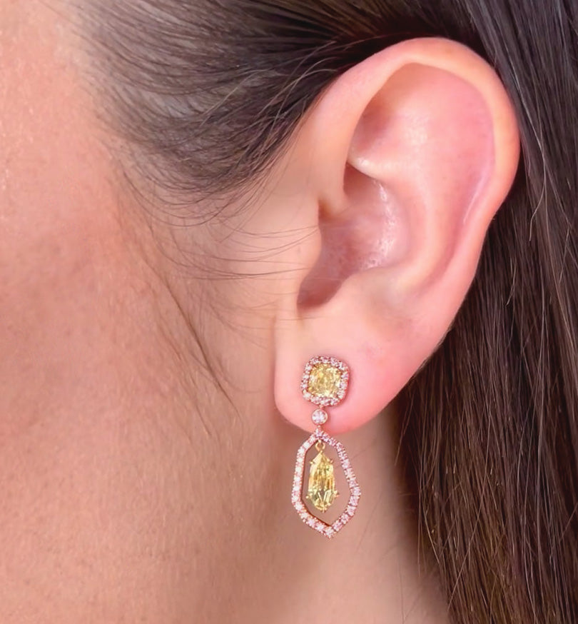 yellow shield shape diamonds with argyle pink diamonds in drop earrings