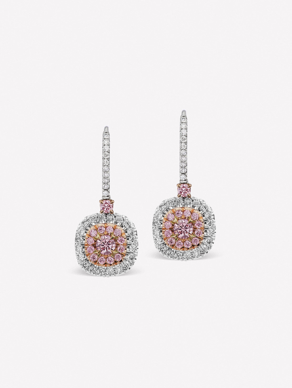 Certified Argyle Pink Diamonds | Classic Halo Pink Diamond Earrings by J F I N E in Platinum and 18K Pink Gold.