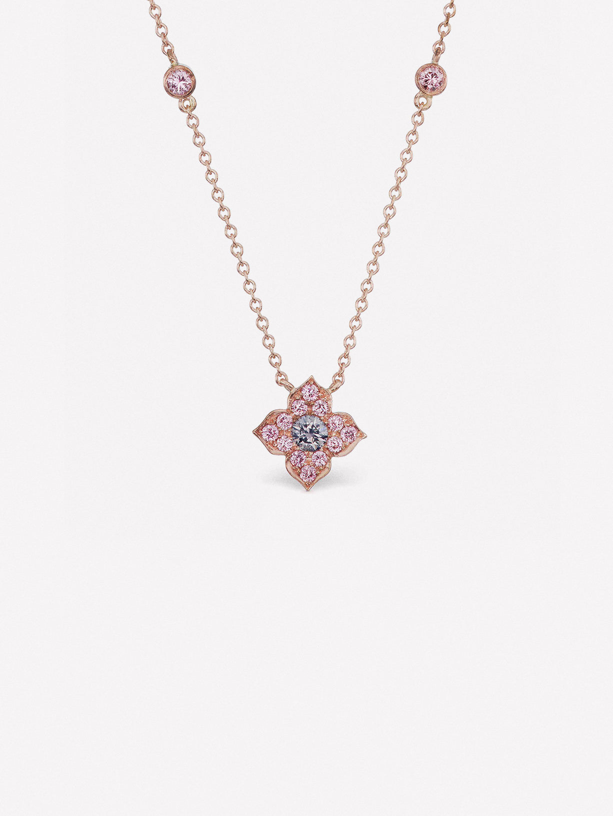 Argyle Pink Diamonds and Argyle Blue diamond in Iconic Azalea necklace design from J Fine 