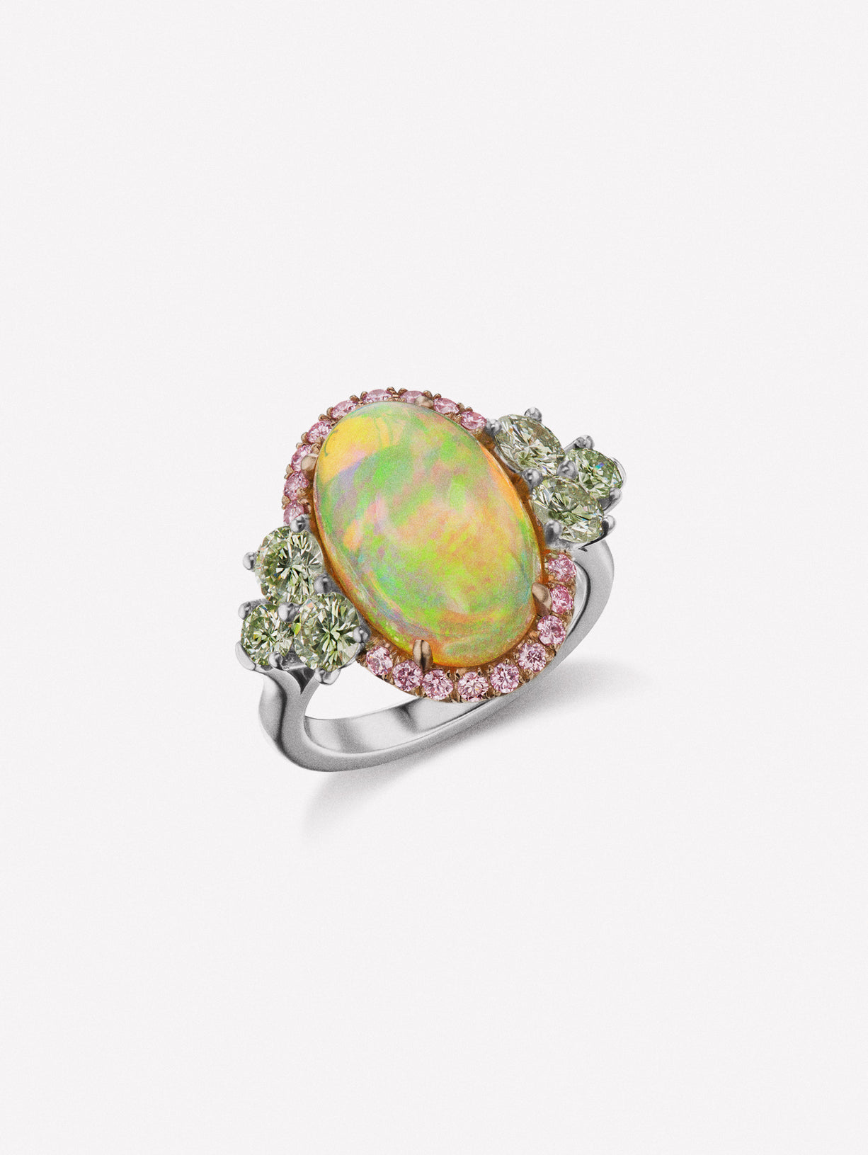 Pink diamond and opal ring. Cabochon opal surrounded by Argyle Pink Diamonds and flanked by green diamonds