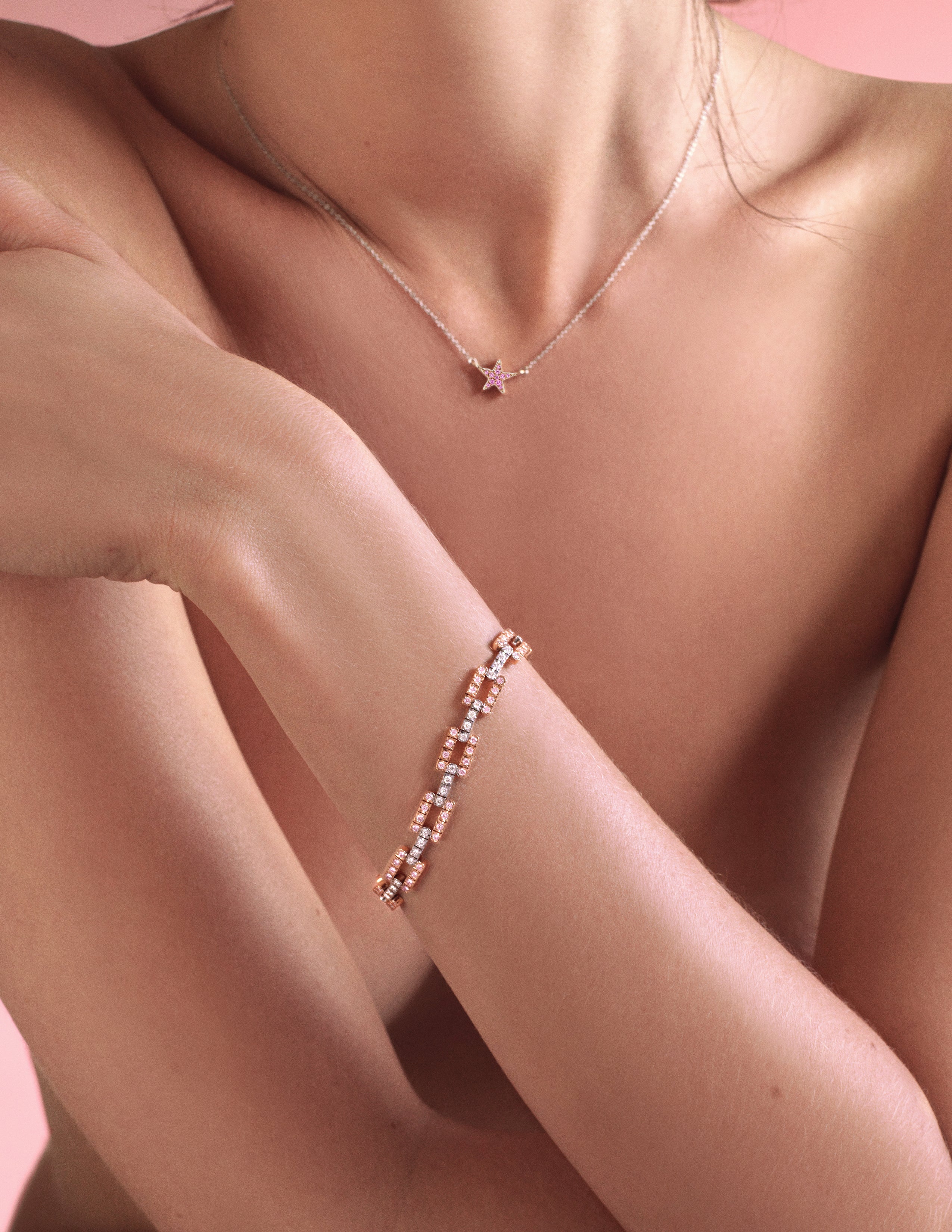 Argyle pink diamond Link bracelet by J F I N E  worn by fashion model