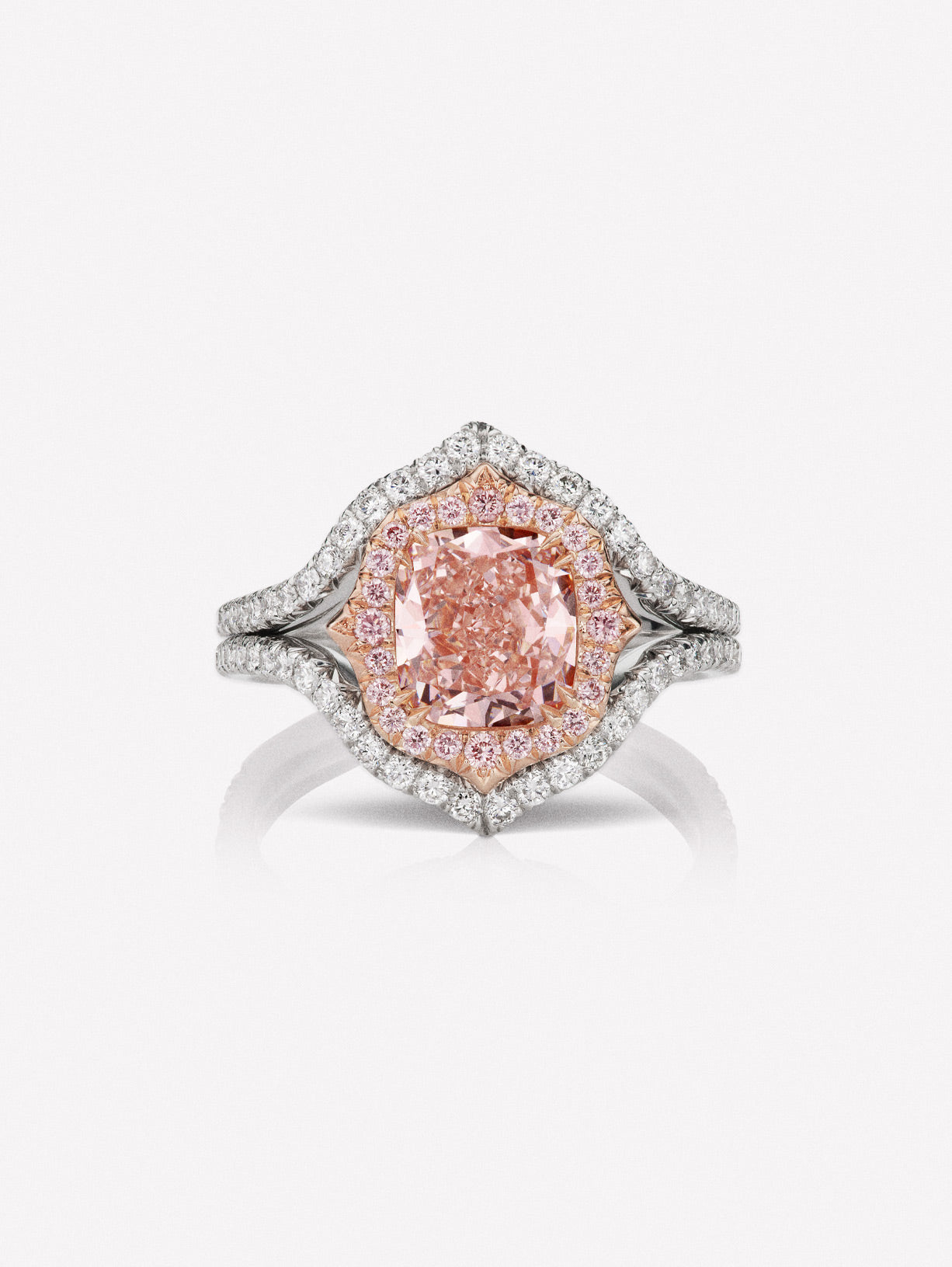 Fancy Orangy Pink Cushion Diamond Three Stone Ring
