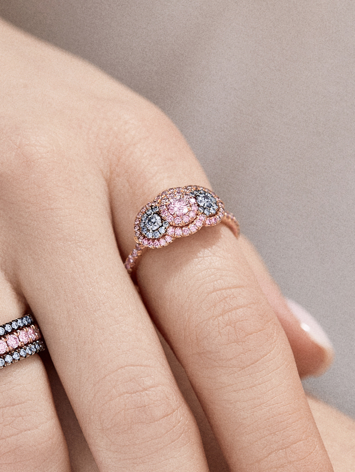 Argyle Pink™ Diamond and Blue Diamond Three Stone Ring - Pink Diamonds, J FINE - J Fine, Rings - Pink Diamond Jewelry, argyle-pink™-diamond-and-blue-diamond-three-stone-ring-by-j-fine - A