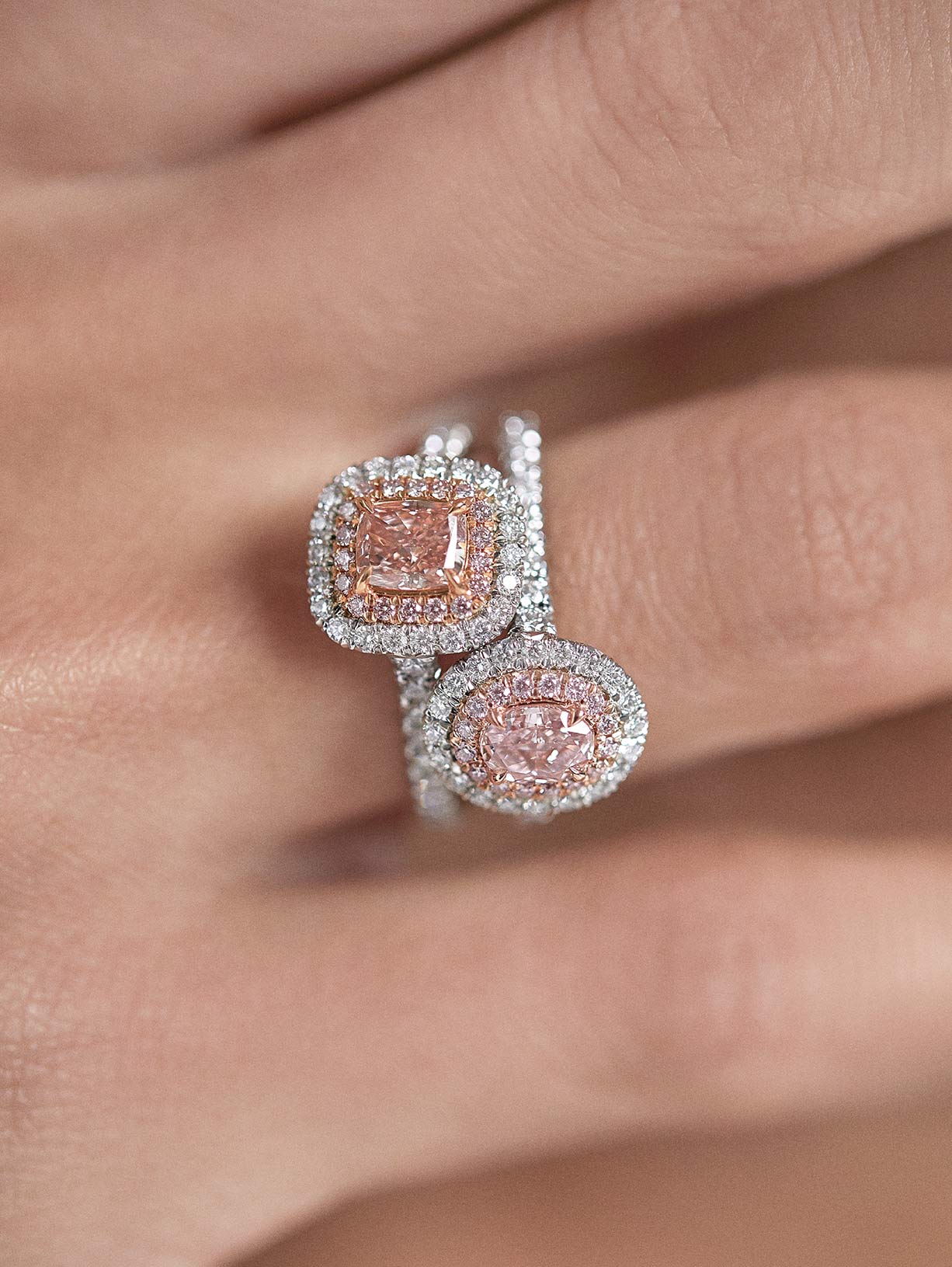 Fancy Orangy Pink Cushion Diamond Ring - Pink Diamonds, J FINE - J Fine, ring - Pink Diamond Jewelry, j-fine-orangy-pink-ring - Argyle Pink Diamonds