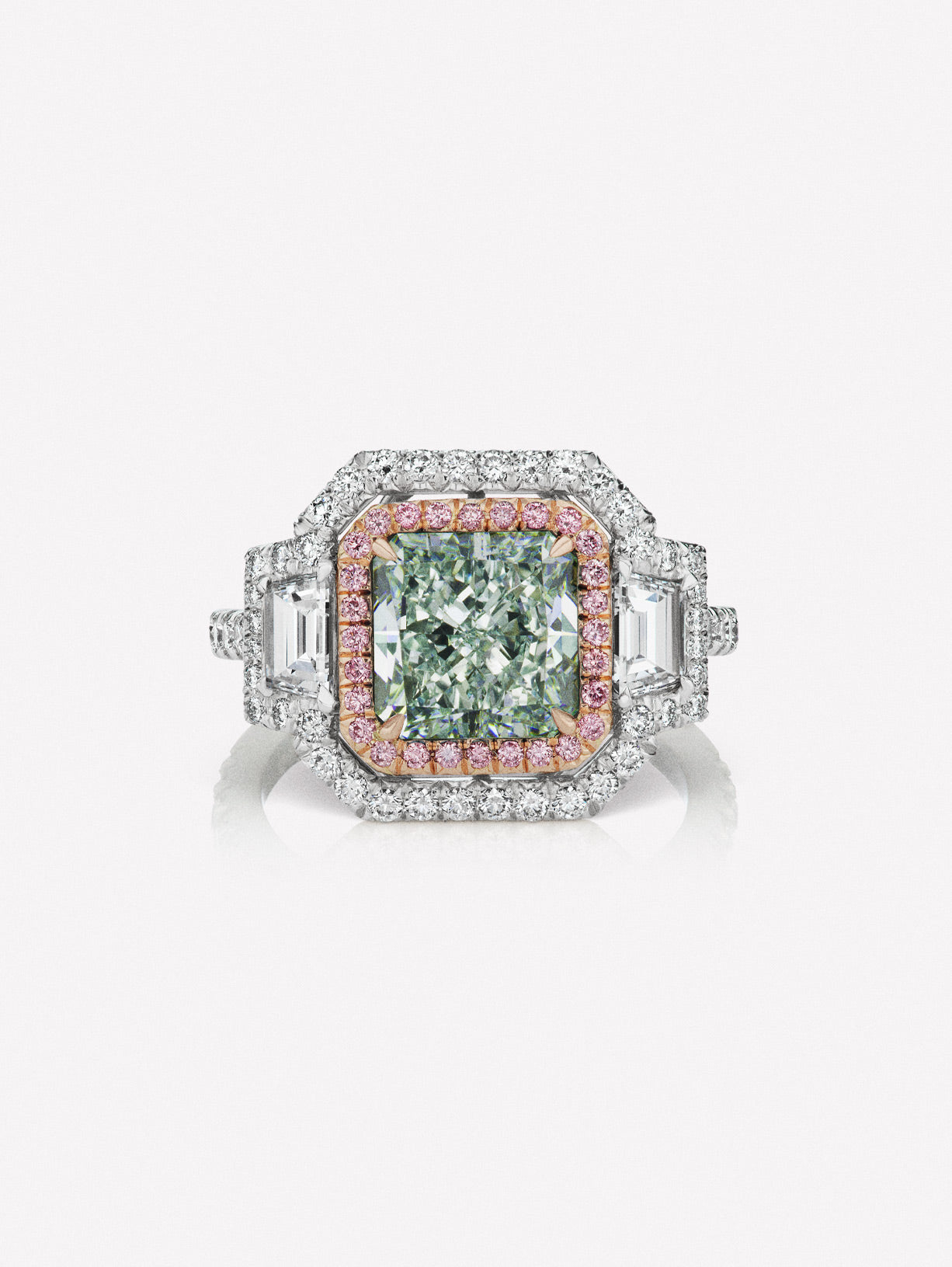 Bluish Green Diamond Three Stone Ring - Pink Diamonds, J FINE - J Fine, Rings - Pink Diamond Jewelry, bluish-green-radiant-diamond-three-stone-ring-by-j-fine - Argyle Pink Diamonds
