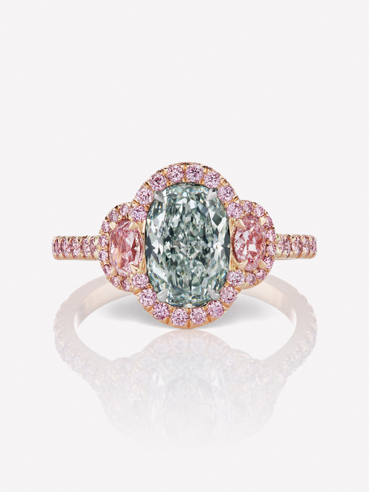 Argyle Pink™ Diamond and Bluish Green Oval Diamond Three Stone Ring - Pink Diamonds, J FINE - J Fine,  - Pink Diamond Jewelry, argyle-pink™-diamond-and-bluish-green-oval-diamond-three-sto