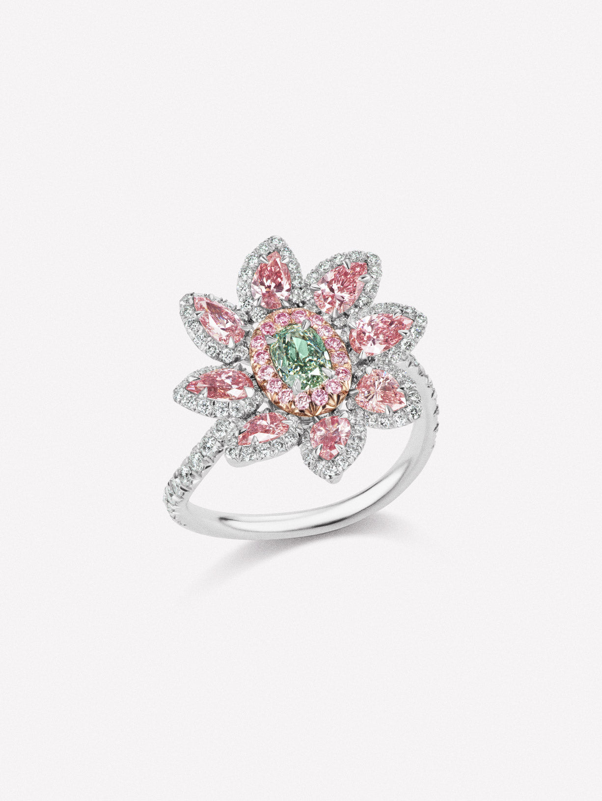 Argyle Pink™ Diamond and Green Diamond Floral Ring - Pink Diamonds, J FINE - J Fine, Rings - Pink Diamond Jewelry, argyle-pink™-diamond-and-green-diamond-floral-ring-by-j-fine - Argyle Pi