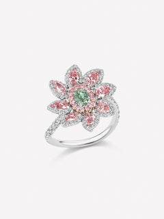 Argyle Pink™ Diamond and Green Diamond Floral Ring - Pink Diamonds, J FINE - J Fine, Rings - Pink Diamond Jewelry, argyle-pink™-diamond-and-green-diamond-floral-ring-by-j-fine - Argyle Pi