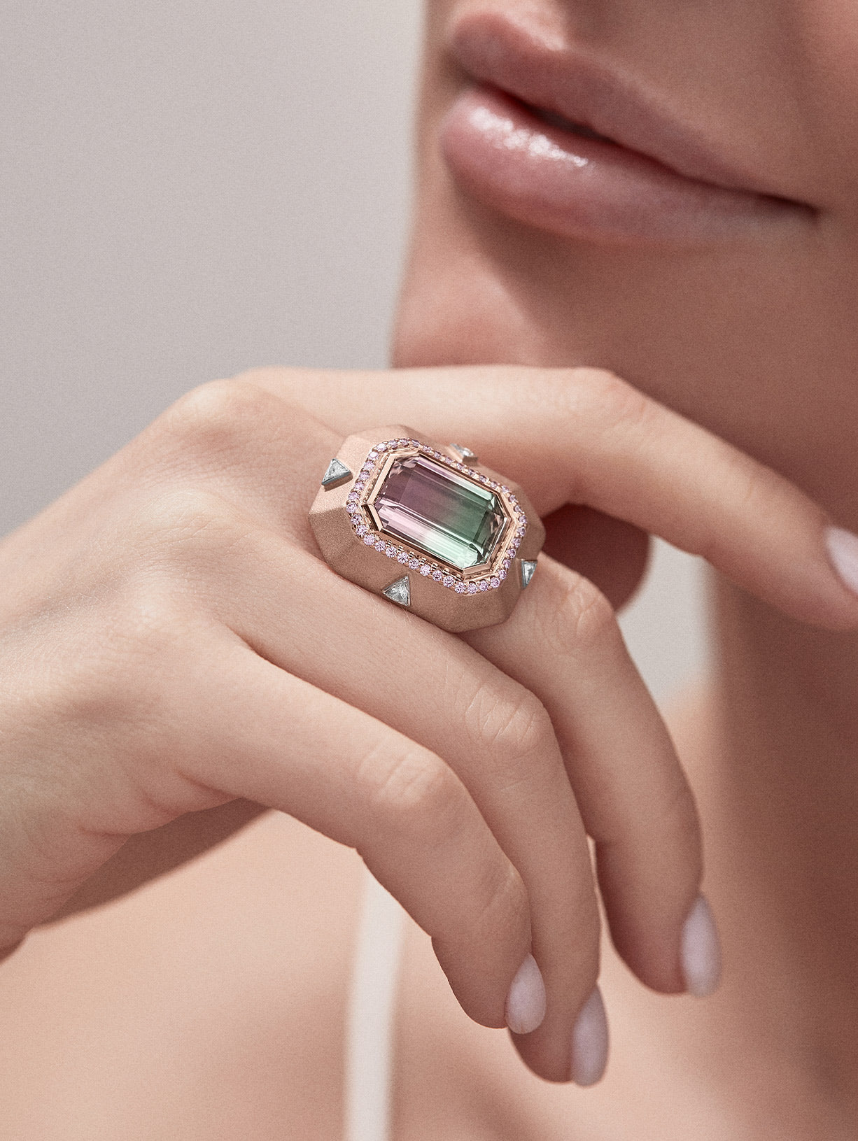 Argyle Pink™ Diamond and Bi Color Tourmaline Cocktail Ring - Pink Diamonds, J FINE - J Fine, ring - Pink Diamond Jewelry, argyle-pink™-diamond-and-bi-color-tourmaline-cocktail-ring - Argy