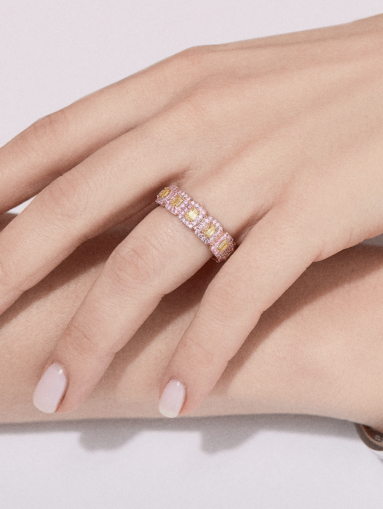 Argyle Pink™ Diamond and Yellow Emerald Cut Diamond Eternity Band - Pink Diamonds, J FINE - J Fine, ring - Pink Diamond Jewelry, argyle-pink™-diamond-and-yellow-emerald-cut-diamond-eterni