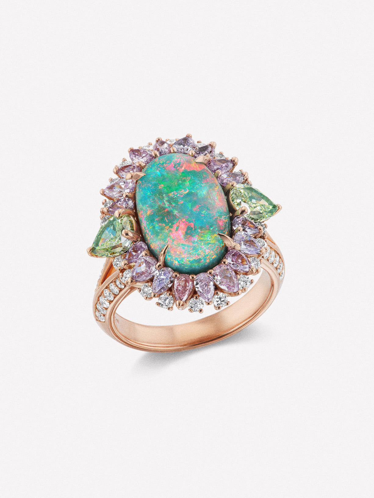 Australian Opal and Green Diamond and Pink Diamond Fashion Ring by JFINE Diamonds