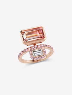 Argyle Pink™ Diamond with White Emerald Cut Diamond and Bi Color Tourmaline Ring - Pink Diamonds, J FINE - J Fine, Rings - Pink Diamond Jewelry, argyle-pink™-diamond-with-white-emerald-cu