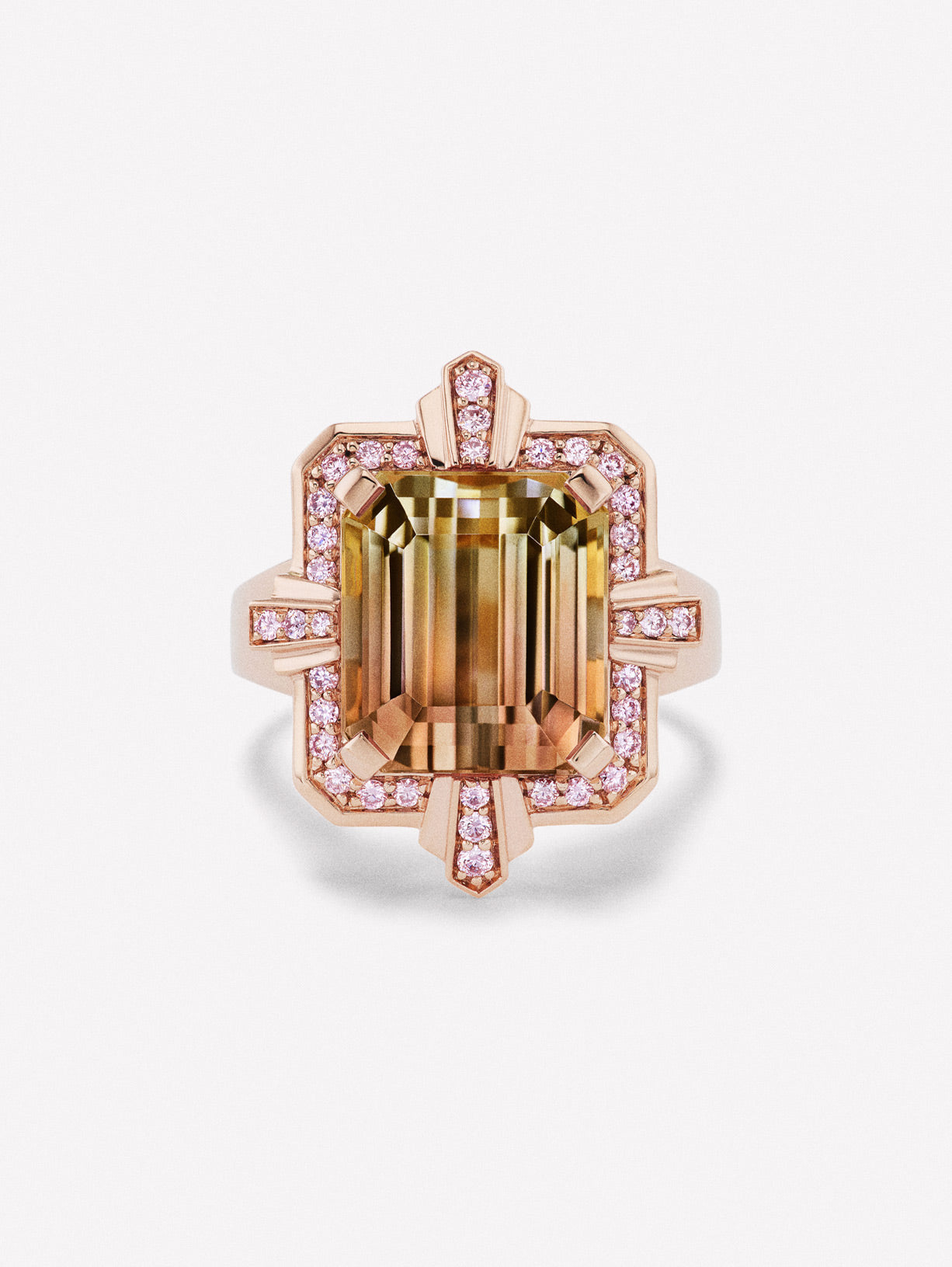 Deco Inspired Argyle Pink™ Diamond and Bi Color Tourmaline Ring by J FINE with a 10.28ct Bi Color Tourmaline and 0.29ct Argyle Pink™ Diamonds.