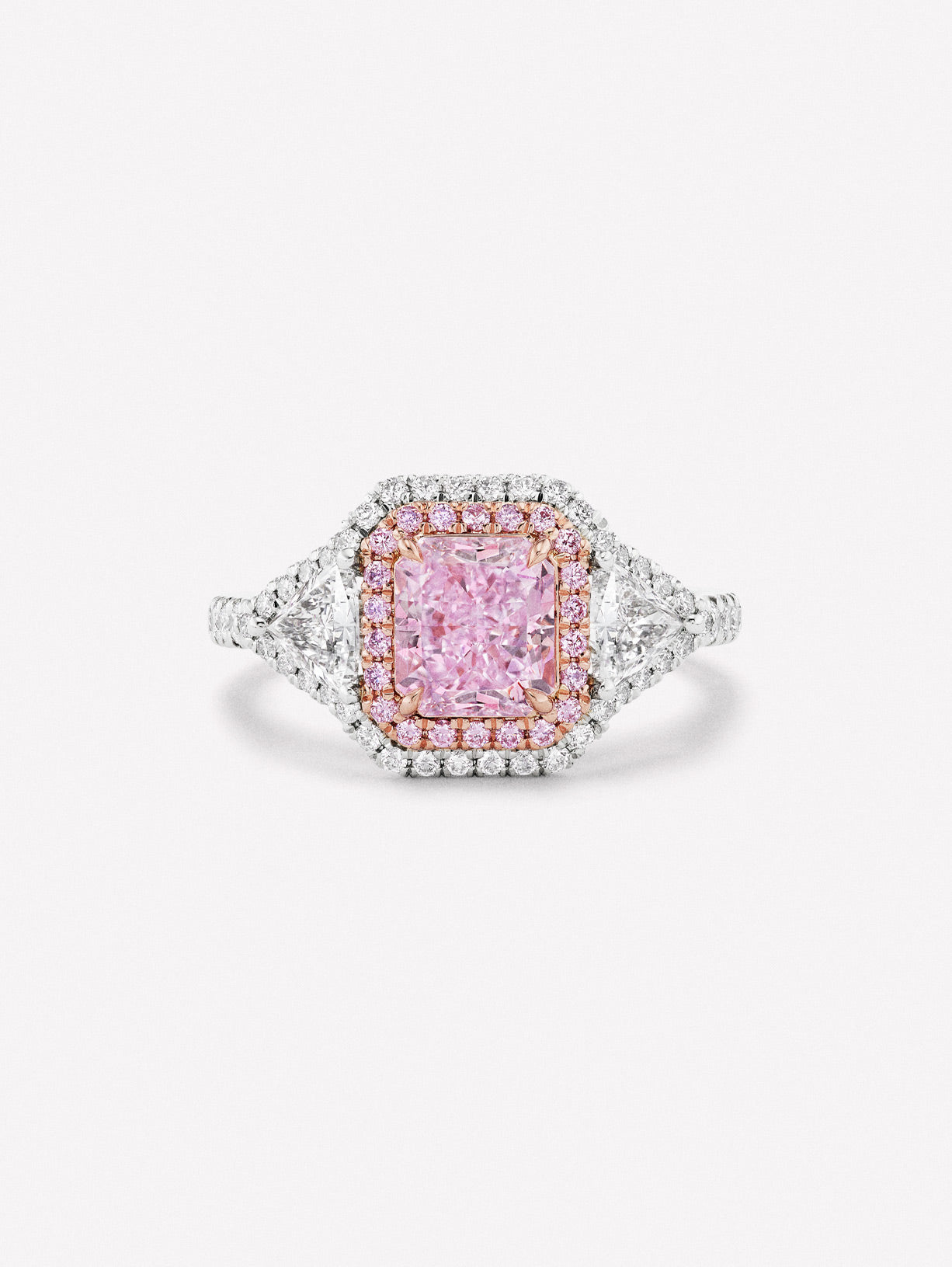 Fancy Pink Purple Diamond Three Stone Ring - Pink Diamonds, J FINE - J Fine,  - Pink Diamond Jewelry, fancy-pink-purple-radiant-three-stone-ring-by-j-fine - Argyle Pink Diamonds