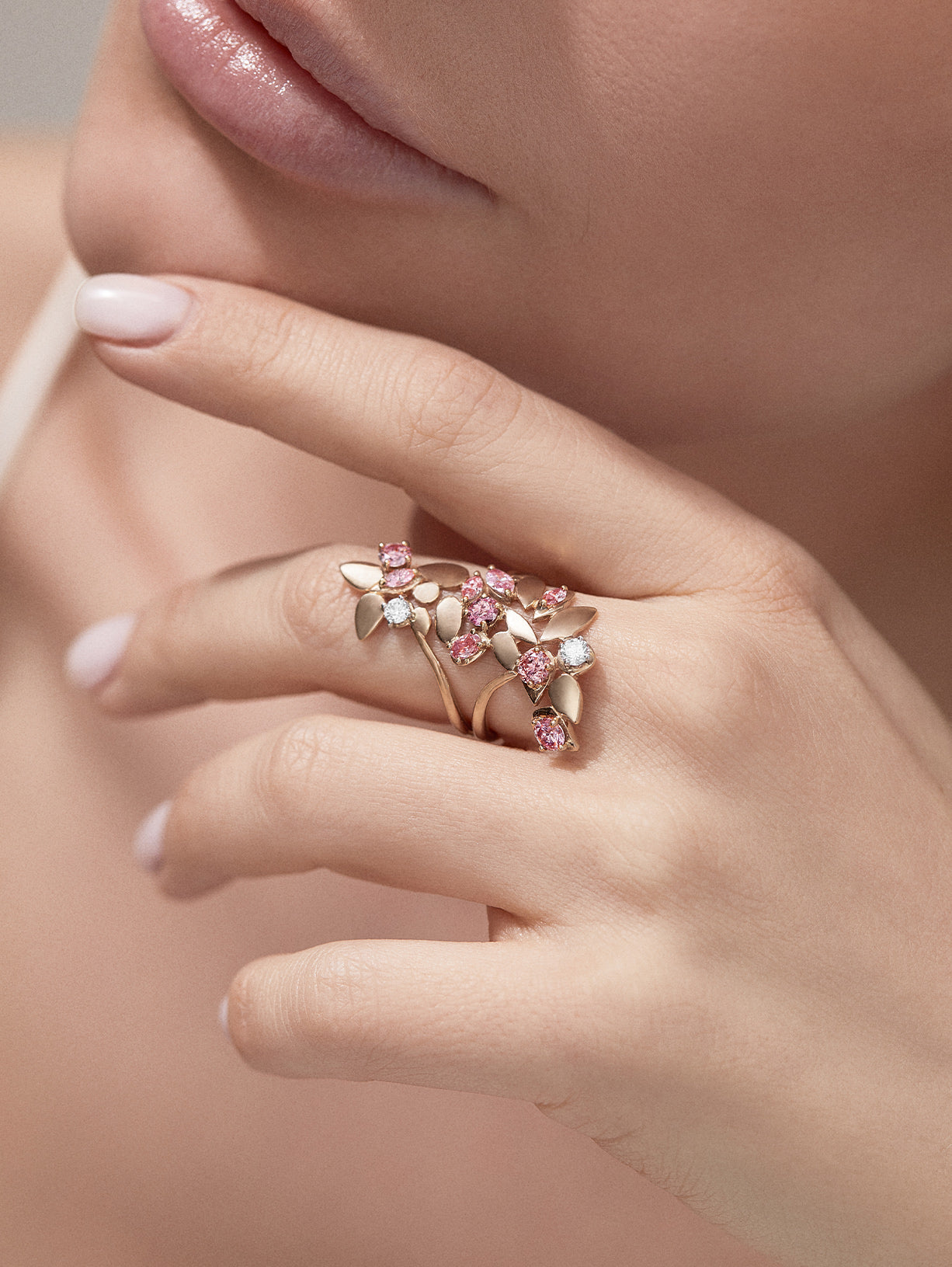 Argyle Pink™ Diamond Long Floral Ring - Pink Diamonds, J FINE - J Fine, Rings - Pink Diamond Jewelry, argyle-pink™-diamond-long-floral-ring-by-j-fine - Argyle Pink Diamonds