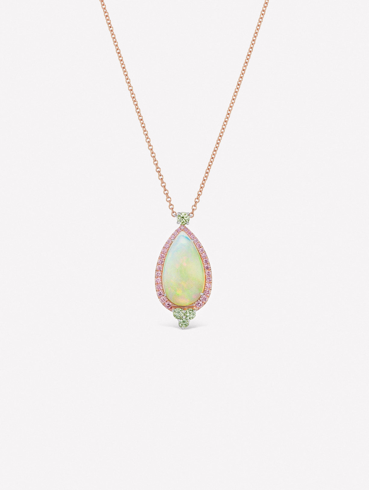Cabochon opal pendant surrounded by Argyle pink diamonds and green diamond accents. 