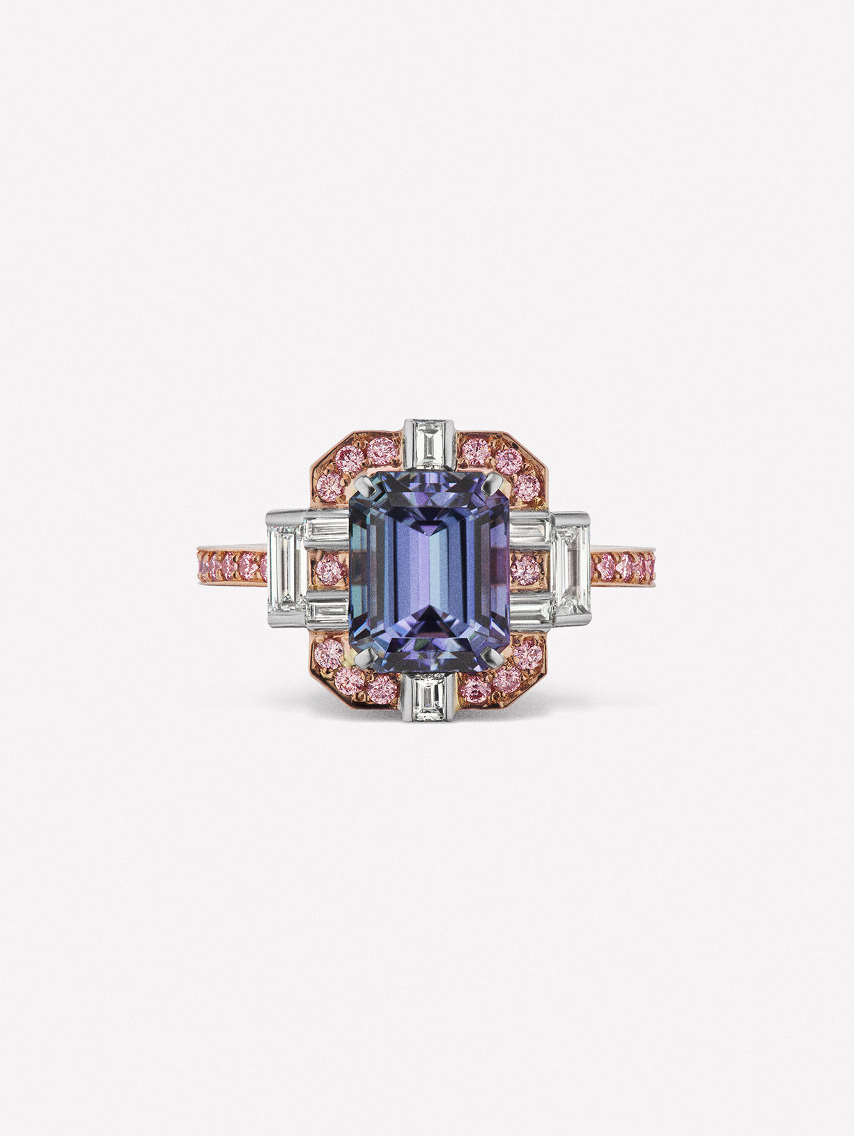 Pink Diamond ring with tanzanite center and white diamond baguette accents from J Fine