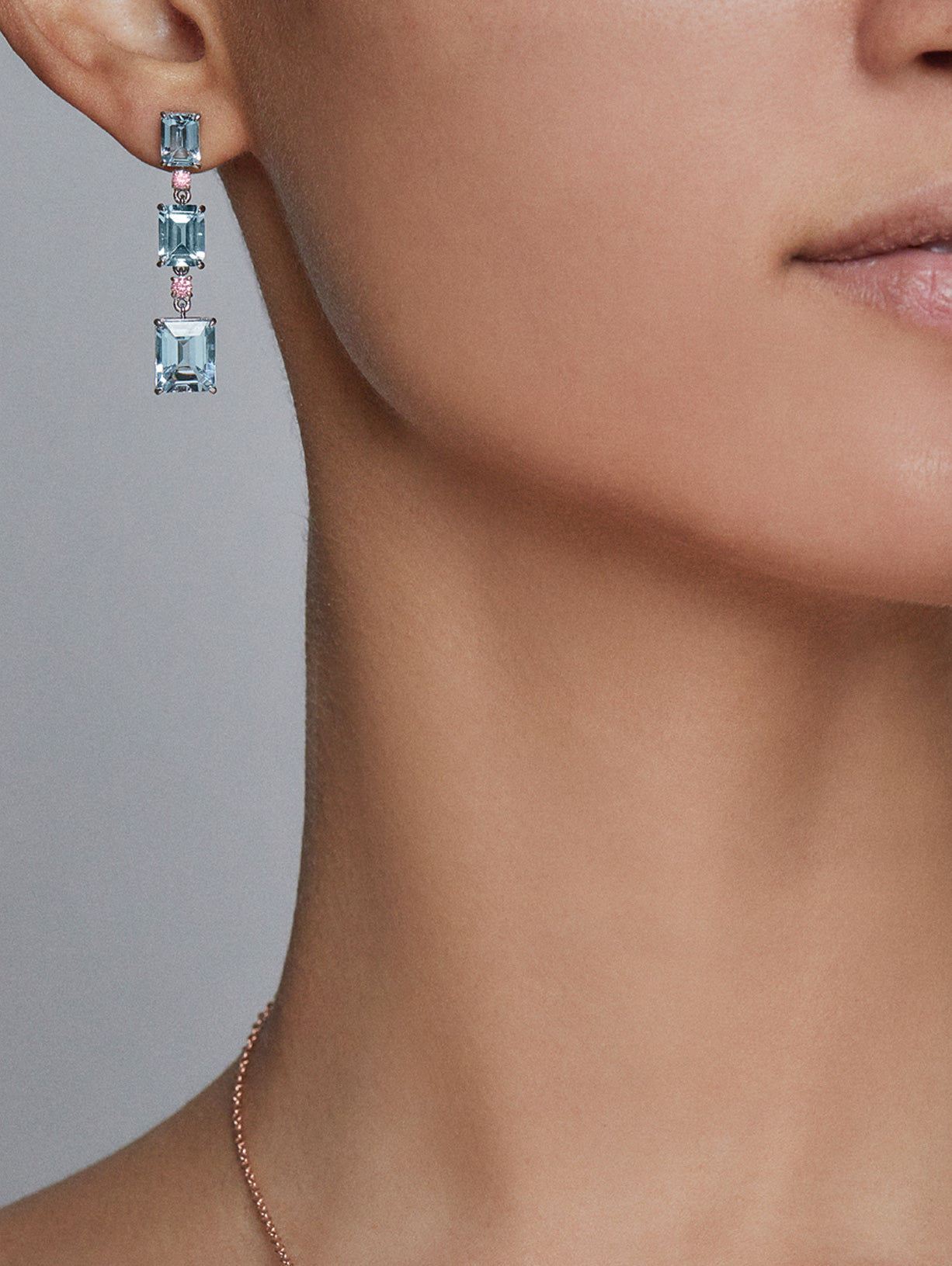 Pink Diamond and Aquamarine Earrings on Fashion Model