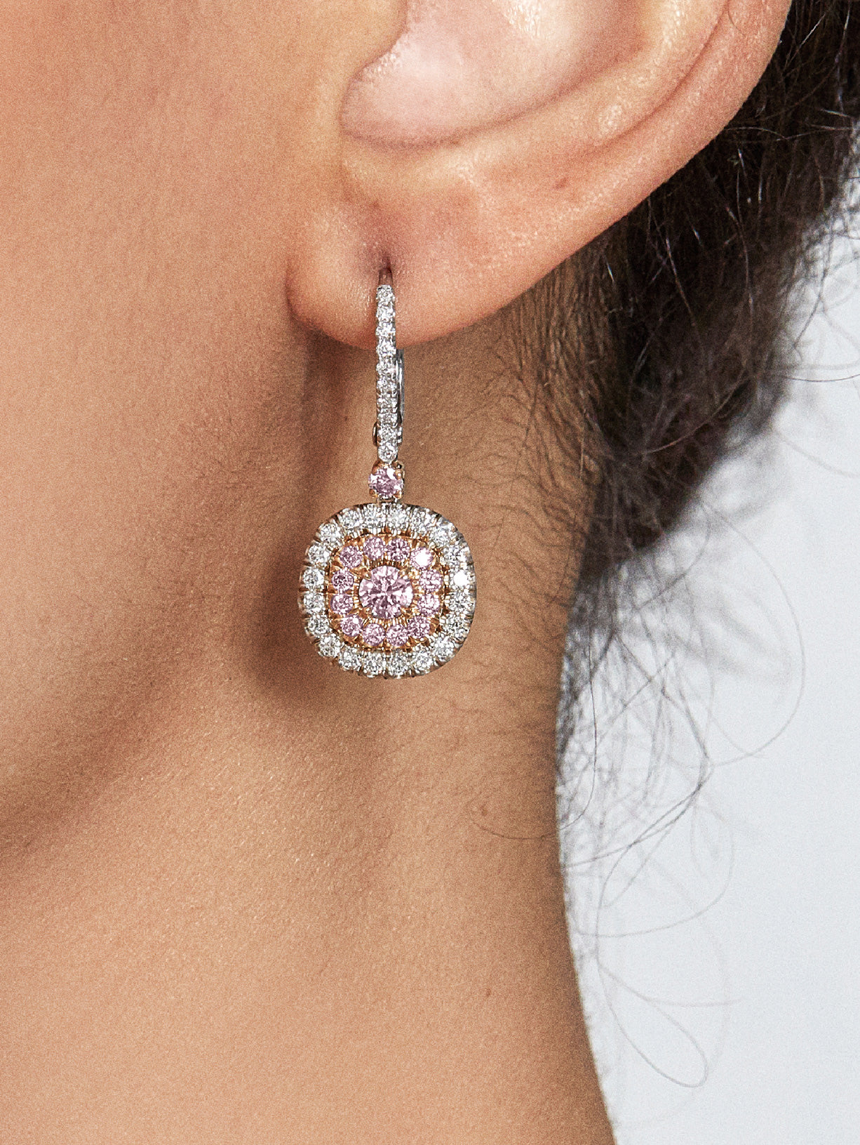 Classic Argyle Pink Diamond Halo Drop Earrings by JFINE worn by fashion model