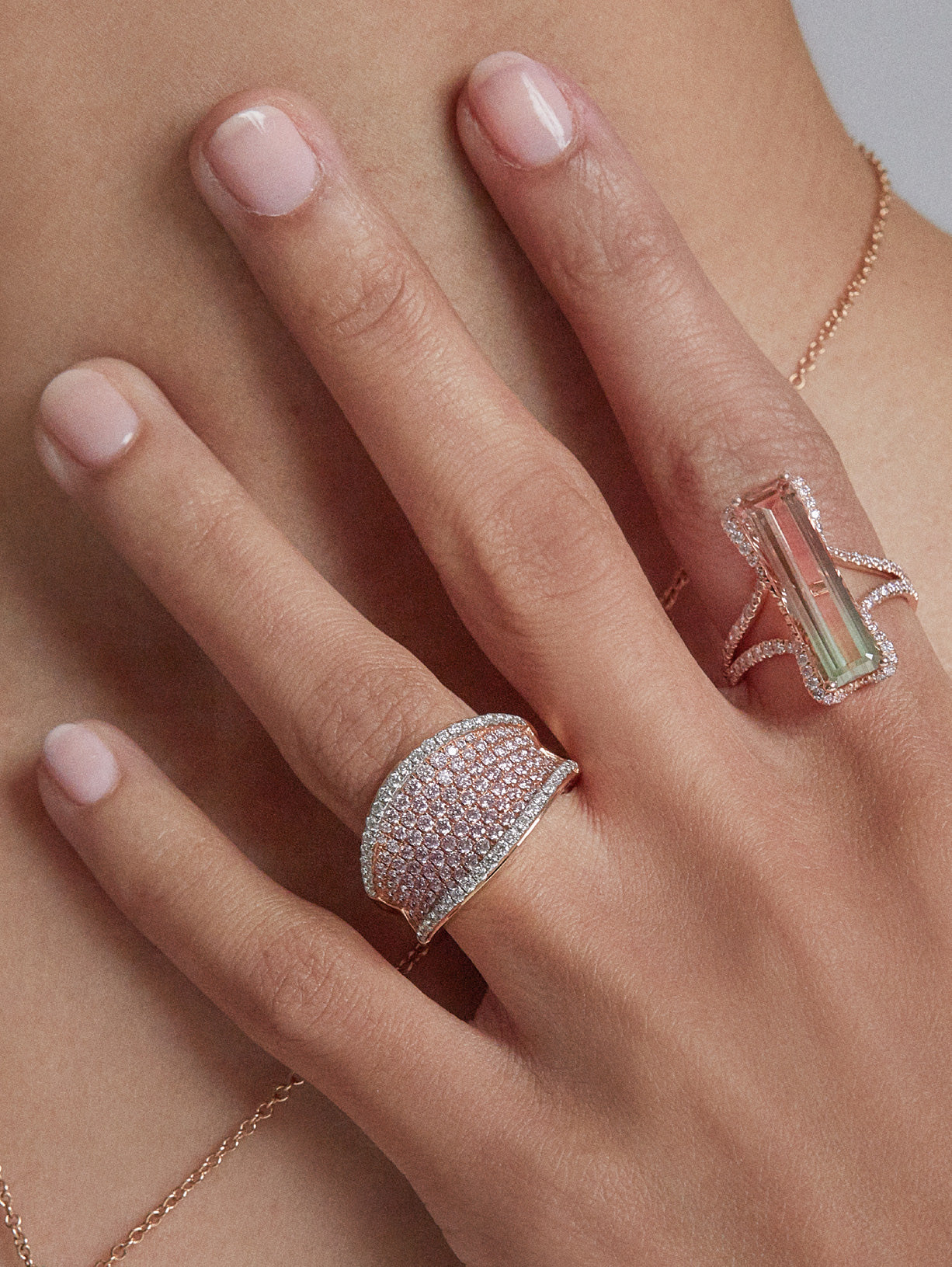 Argyle Pink Diamond Saddle Ring and Bi-Color Tourmaline worn by fashion model. 